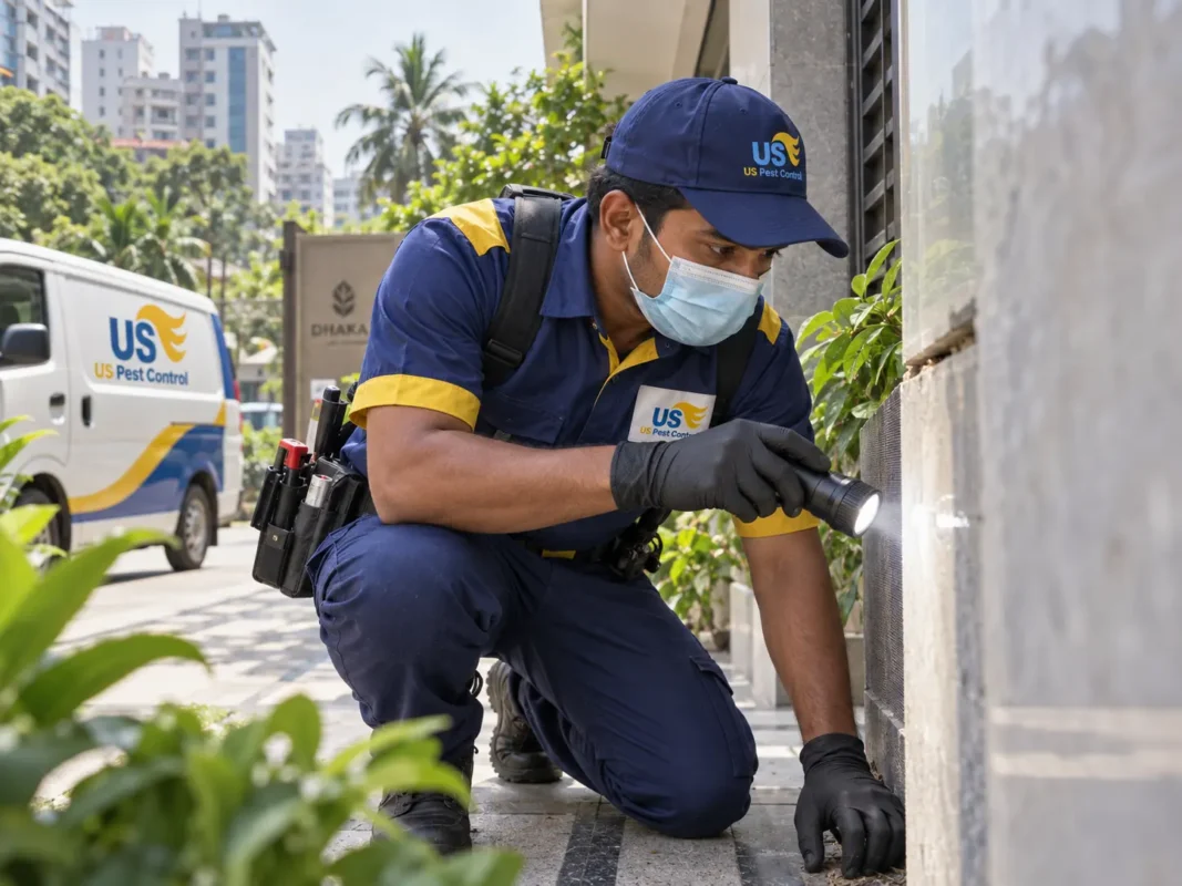 Urban pest control inspection in Dhaka — professional exterminators conducting thorough home and office checks for termites, cockroaches, rodents, and bed bugs with safe treatment solutions.