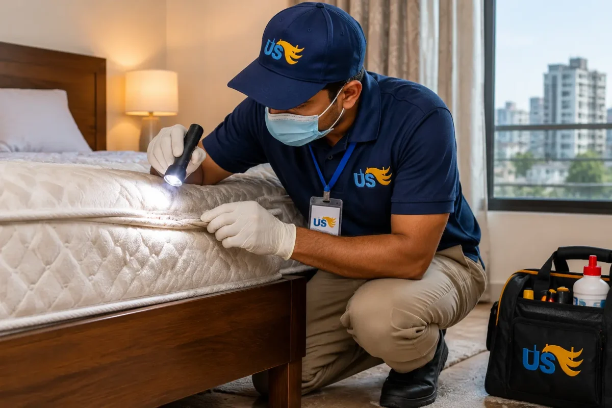Pest control technician inspecting a mattress in Dhaka, identifying bed bug activity and applying professional pest management solutions for a safe and hygienic sleeping environment.